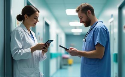 Medici utilizzano tablet digitali presso corridoio ospedaliero